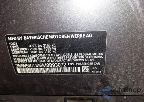 2021 BMW 330I xDrive из США, поврежденный, VIN 3MW5R7J06M8B93072